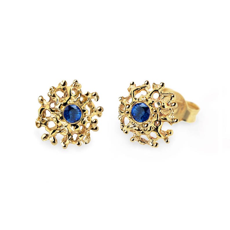 CORAL 14K Gold Earrings Posts Medium, Gold Posts, Gold Sapphire Earrings, Blue Sapphire Studs Earrings, Gold Stud Earrings image 1