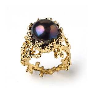 CORAL Black Pearl Ring, Black Pearl Engagement Ring, 14k Yellow Gold Engagement Ring, Gold Pearl Ring, Gold Ring image 3