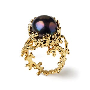 CORAL Black Pearl Ring, Black Pearl Engagement Ring, 14k Yellow Gold Engagement Ring, Gold Pearl Ring, Gold Ring image 2