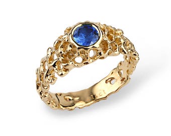 CORAL 14k Gold Blue Sapphire Engagement Ring, Sapphire Solitaire Ring, Blue Sapphire Ring, Gold Sapphire Ring Men