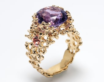 CORAL TRIO Amethyst Ring, 14k Gold Engagement Ring, Tourmaline Ring, Gold Ring for Women, Gold Gemstone Ring, Three Stone Ring, Birthstone