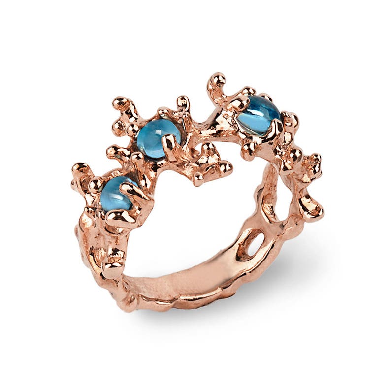 BETWEEN THE SEAWEEDS Rose Gold Ring, Blue Topaz Ring, Gold Gemstone Ring, Unique Gold Ring image 1