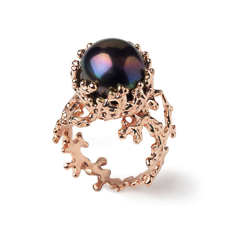 CORAL Black Pearl Ring, Rose Gold Ring, Pearl Engagement Ring, 14k Rose Gold Engagement Ring, Rose Gold Black Pearl Ring image 2