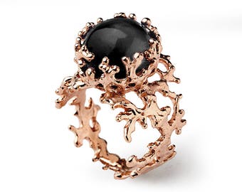 CORAL 14k Rose Gold Onyx Ring, Black Onyx Engagement Ring, Unique Rose Gold Ring, Rose Gold Engagement Ring, Rose Gold Statement Ring