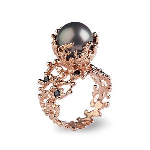CORAL Tahitian Pearl Ring, Tahitian Pearl Engagement Ring, Black Diamond Engagement Ring, Rose Gold Engagement Ring, Black Diamond Ring image 1