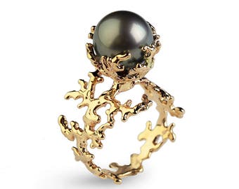 CORAL Tahitian Pearl Ring, Black Pearl Engagement Ring, Gold Pearl Engagement Ring, Ocean Jewelry, Sea Inspired