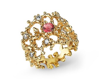 CORAL Gold Tourmaline Ring, Diamond Engagement Ring, Pink Tourmaline Engagement Ring, Gold Gemstone Ring