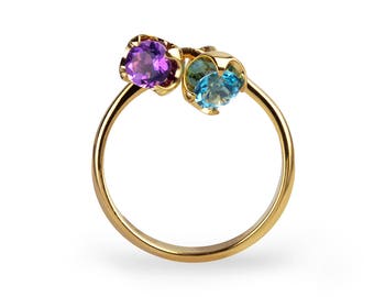 CHARMS 14k Gold Amethyst Ring, Gold Blue Topaz Ring, Dangle Charm Ring, Birthstone Ring, Mothers Ring, Gemstone Ring, Gift for Mom