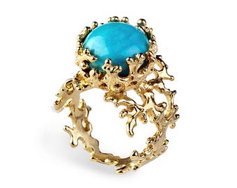 CORAL 14k Gold Turquoise Ring, Gold  Turquoise Engagement Ring, Unique Gold Ring, Turquoise Ring Band, Birthstone Ring