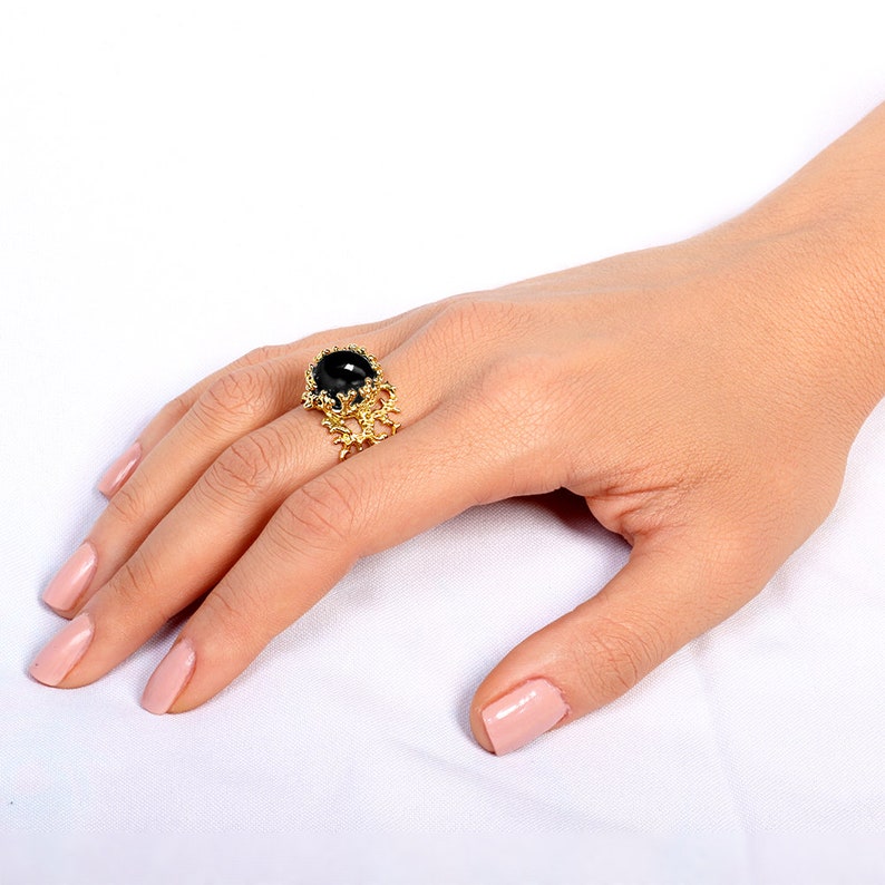 CORAL 14k Gold Onyx Ring, Black Onyx Engagement Ring, Unique Gold Ring, Yellow Gold Gemstone Ring, Organic Gold Statement Ring image 5