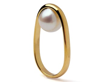 OVERTURN 14k Gold Pearl Ring,  Gold Pearl Engagement Ring,  Unique Pearl Ring, Modern Geometric Pearl Ring, Minimalist Gold Ring