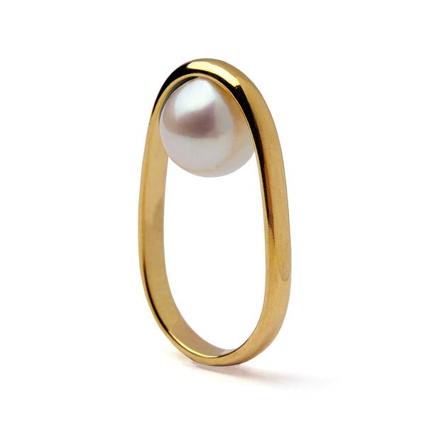 OVERTURN 14k Gold Pearl Ring,  Gold Pearl Engagement Ring,  Unique Pearl Ring, Modern Geometric Pearl Ring, Minimalist Gold Ring