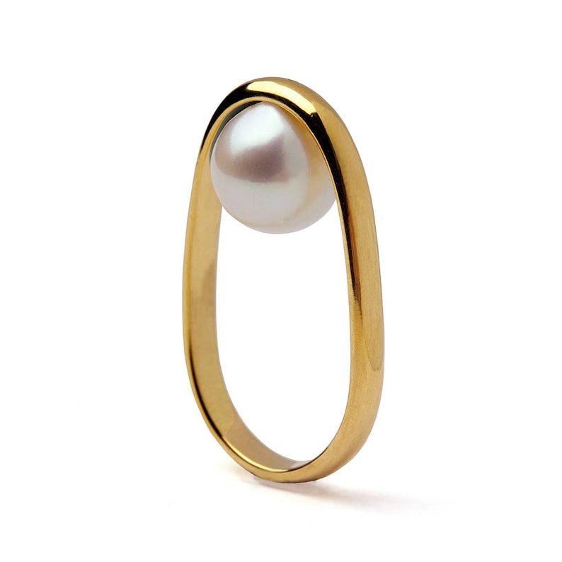 OVERTURN 14k Gold Pearl Ring, Gold Pearl Engagement Ring, Unique Pearl Ring, Modern Geometric Pearl Ring, Minimalist Gold Ring image 1