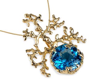 CORAL Swiss Blue Topaz Pendant Necklace, 14k Yellow Gold Necklace, Swiss Blue Topaz Necklace, Unique Gold Necklace, Gemstone Necklace