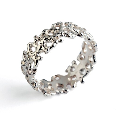 CORAL 14k White Gold Wedding Band Unique Wedding Band Ring Etsy