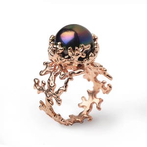 CORAL Black Pearl Ring, Rose Gold Ring, Pearl Engagement Ring, 14k Rose Gold Engagement Ring, Rose Gold Black Pearl Ring image 1