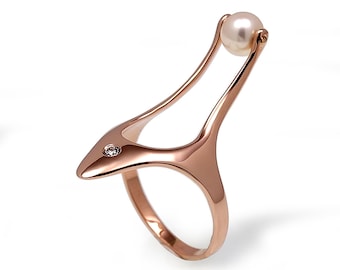 HORUS Unique Pearl Ring with Diamond, 14k Rose Gold Pearl Ring, Gold Egyptian Ring, Pearl Engagement Ring, Italian Fine Jewelry