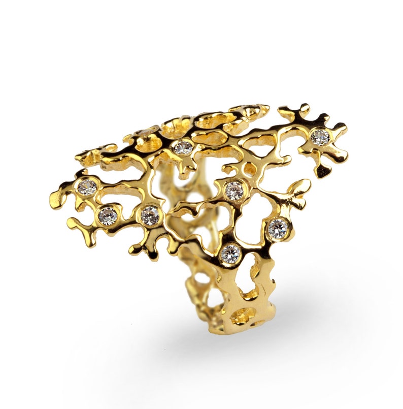 SEA SPRAY Sleek Diamond Ring Gold Statement Ring 14k Gold | Etsy