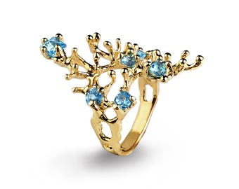 REEF 14k Gold Blue Topaz Ring, Gold Blue Topaz Engagement Ring, Organic Gold Ring, Gold Statement Ring, Gold Gemstone Ring