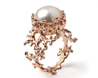 KORALLE Weiß Perle Ring, Perle Verlobungsring, 14k Rose Gold Verlobungsring, Rose Gold Perle Ring, Rose Gold Ring