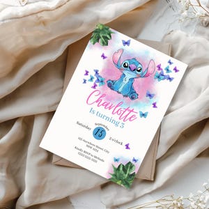 Stitch watercolour birthday Invitation, Digital Self-Editable Canva Template