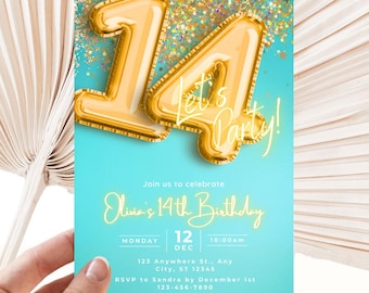 Blue Teal gold Glitter fourteenth birthday invitation, 14th Balloon birthday Invitation Digital Self-Editable Canva Template