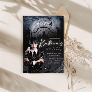Halloween Wednesday Inspired Invitation, digital Birthday Invitation, Digital Self-Editable Canva Template