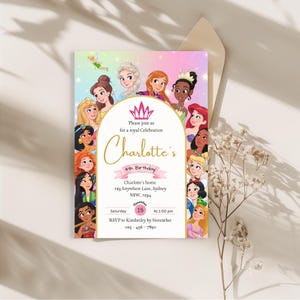 Girls Princess and friends birthday party Invitation, Digital Self-Editable Canva Template