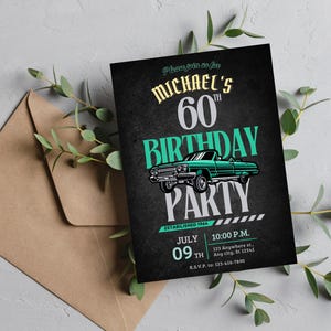 Mens Milestone Birthday invitation, vintage car Printable Digital Invitation, Instant Download Self-Editable Canva Template