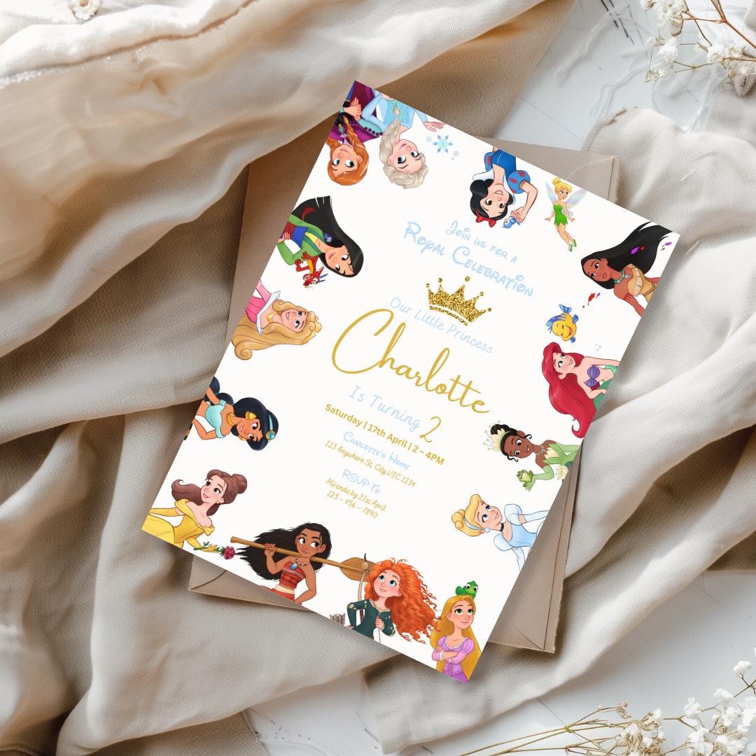 Girls Princess and friends birthday party Invitation, Digital Self-Editable Canva Template DPF0001