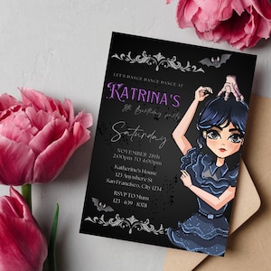 Halloween Wednesday Inspired Invitation, digital Birthday Invitation, Digital Self-Editable Canva Template