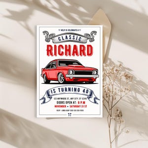 Any age Classic car mens birthday invitation, Printable Digital Instant Download Self-Editable Canva Template Surprise or no Surprise invite
