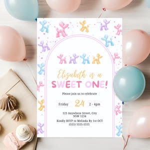 Invitación para fiesta de cumpleaños de perro con globos de acuarela pastel, plantilla digital editable de Canva