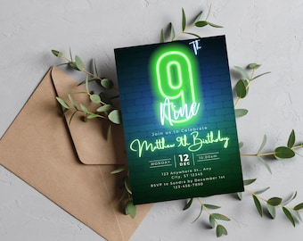 Neon 9th birthday Invitation,Any age Green and Blue Digital Self-Editable Canva Template