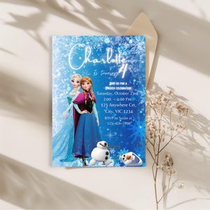 Sneeuwvlok Elsa en Anna verjaardagsuitnodiging, digitale, zelfbewerkbare canvasjabloon