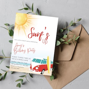 Surf Birthday Invitation Surf&#39;s Up, Surfboard theme Party, Digital Editable Template, Instant Download, Digital Self-Editable Canva Template