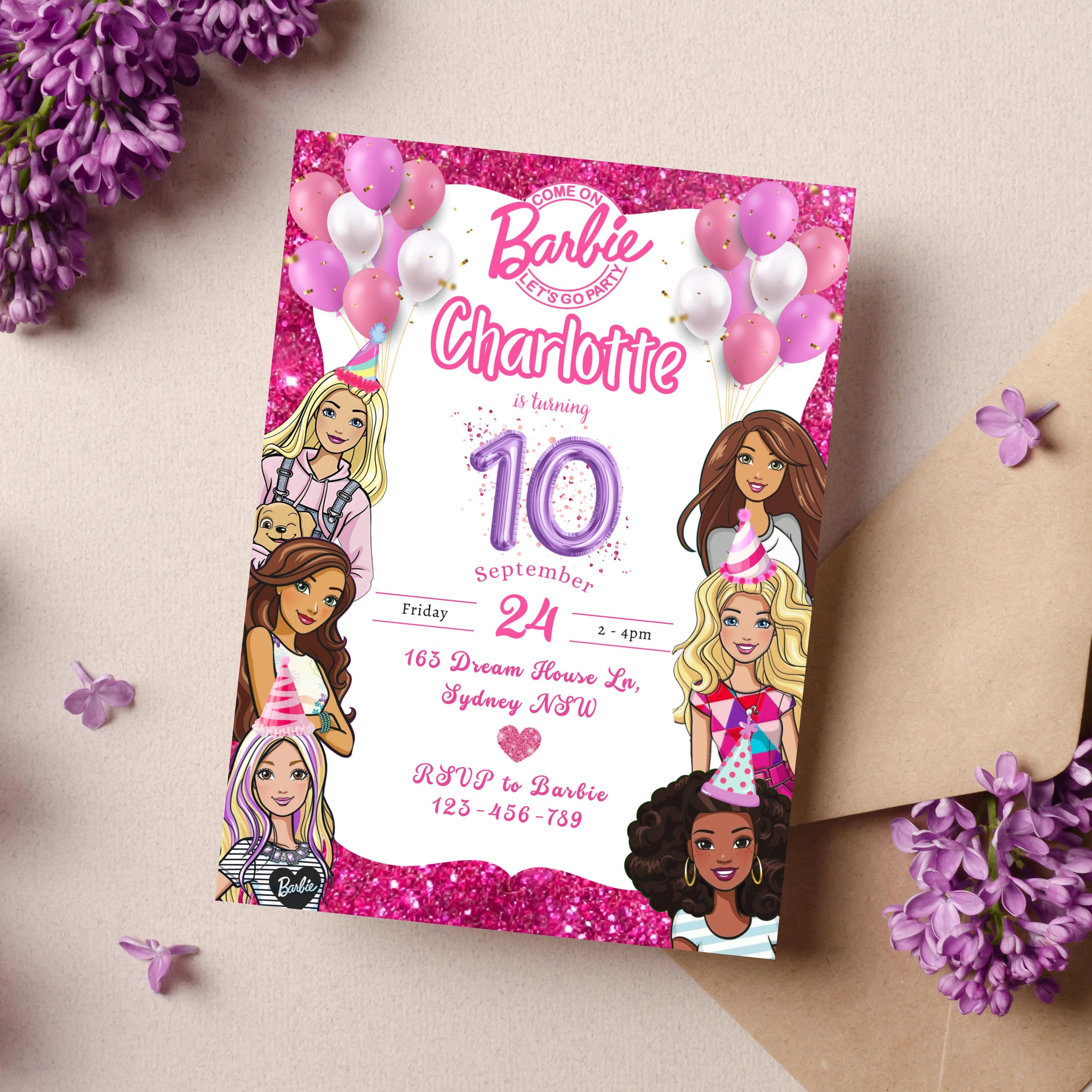 Glitter doll party and friends 10th birthday party Invitation, Digital Self-Editable Canva Template