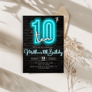 Blaue Neon-Einladung zum 10. Geburtstag, digitale selbst bearbeitbare Canva-Vorlage
