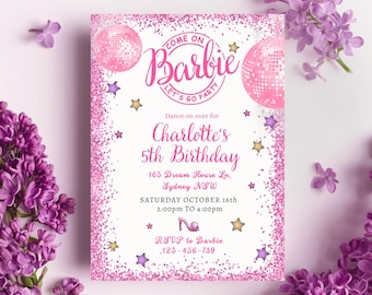Glitter disco doll birthday party Invitation, Digital Self-Editable Canva Template