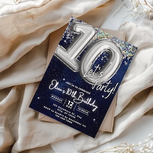 Galaxy Glitter Silver Tenth birthday invitation, Balloon birthday Invitation Digital Self-Editable Canva Template