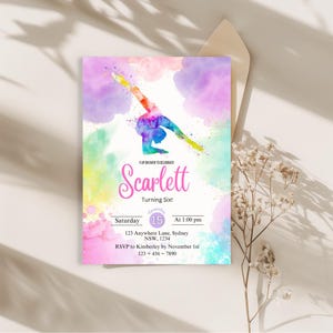 Faire-part d'anniversaire arc-en-ciel de gymnastique, modèle numérique auto-éditable sur toile