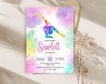 Rainbow Gymnastics birthday Invitation, Digital Self-Editable Canva Template