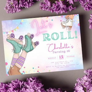 Let's Roll, Roller Skating birthday Invitation, Digital Self-Editable Canva Template