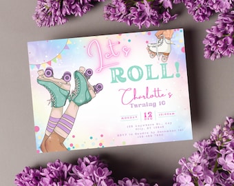 Let&#39;s Roll, Roller Skating birthday Invitation, Digital Self-Editable Canva Template