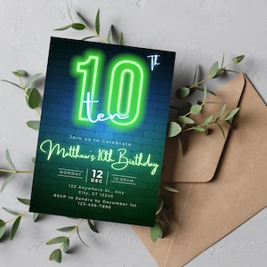 Neon 10. Geburtstagseinladung, jedes Alter Grün und Blau Digitale selbst bearbeitbare Canva Vorlage