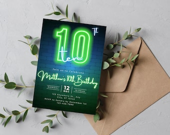 Neon 10th birthday Invitation, Any age Green and Blue Digital Self-Editable Canva Template