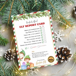 Hoja de actividades navideñas con boleta de calificaciones de elfos, juegos de Nochebuena, descarga instantánea, plantilla digital autoeditable de Canva A4