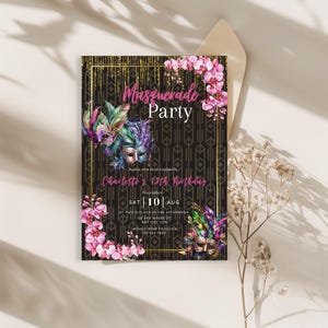 Masquerade Ball Invitation, Orchard Masked Ball, Any age Birthday party Digital Self-Editable Canva invitation template