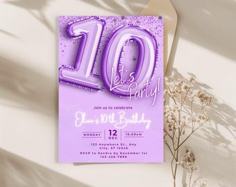Purple Glitter tenth birthday invitation, Balloon birthday Invitation Digital Self-Editable Canva Template