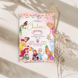 Floral princess birthday party Invitation, Digital Self-Editable Canva Template
